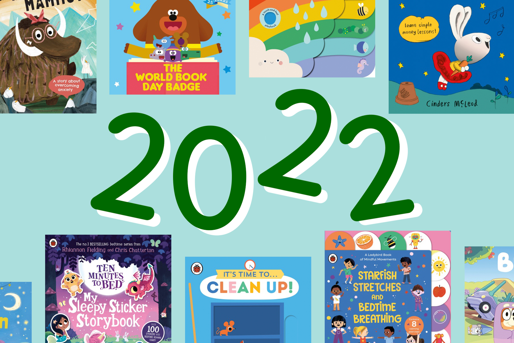 A picture of a selection of Ladybird books on a light green-blue background surrounding green '2022' lettering