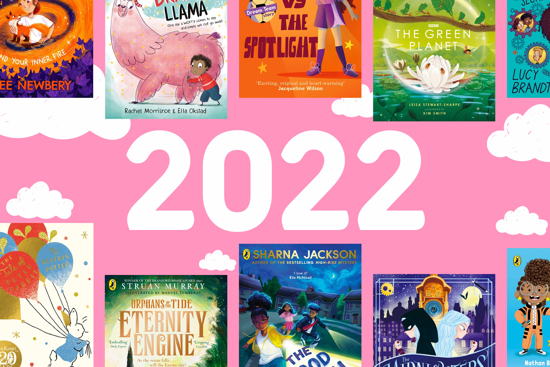 A picture of a selection of Puffin books on a pink background with clouds surrounding white '2022' lettering