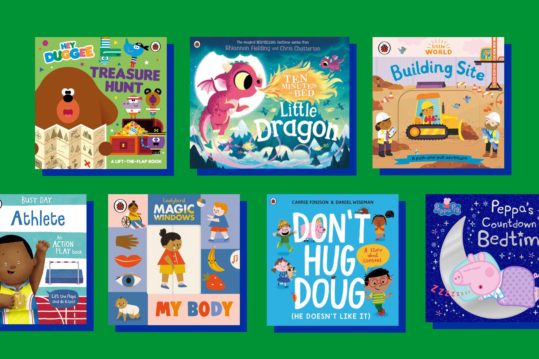 A picture of several books for three-year-olds on a bright green background