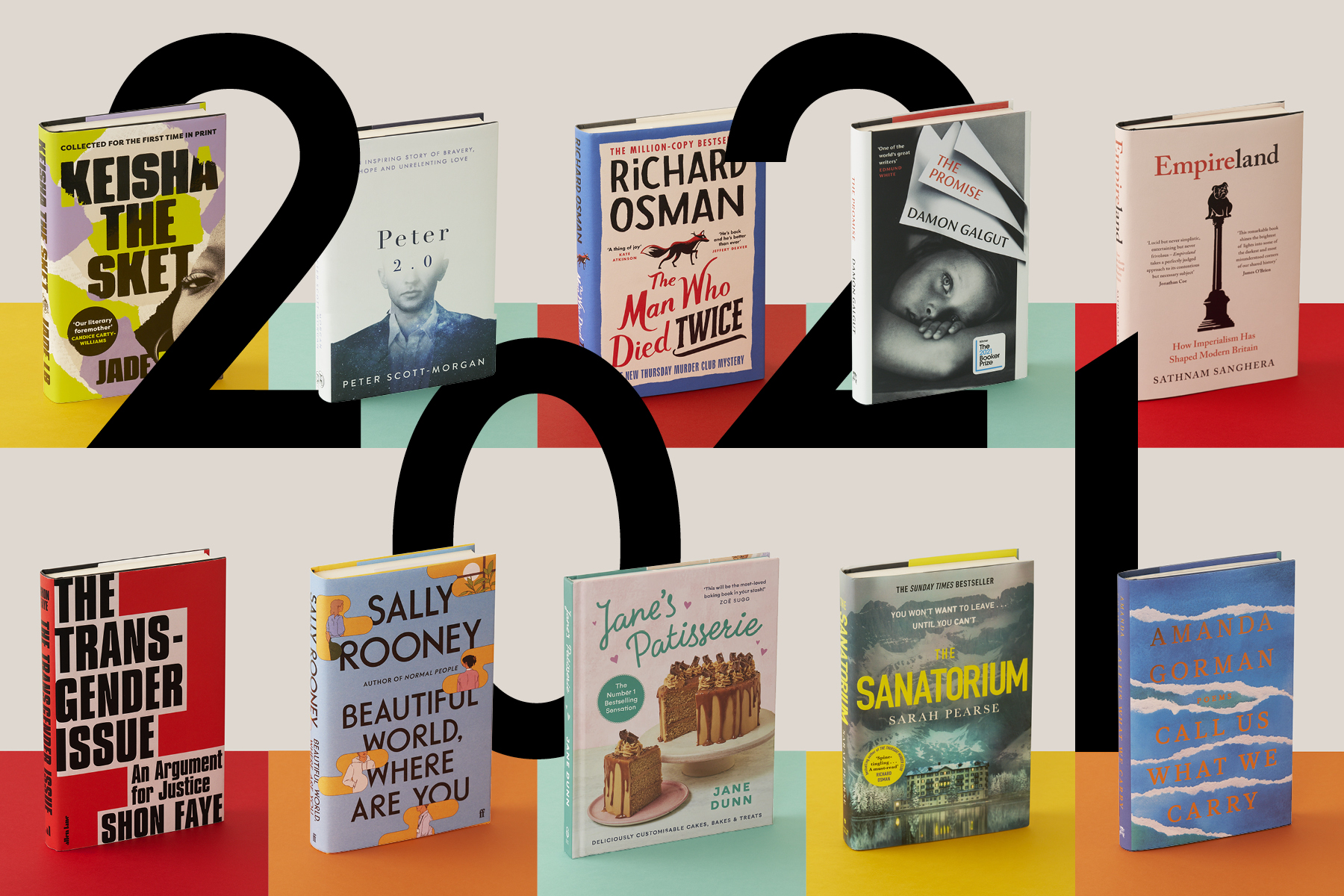 10 photos of book covers, arranged as a colourful grid, with the numbers 2021 overlaid in black.