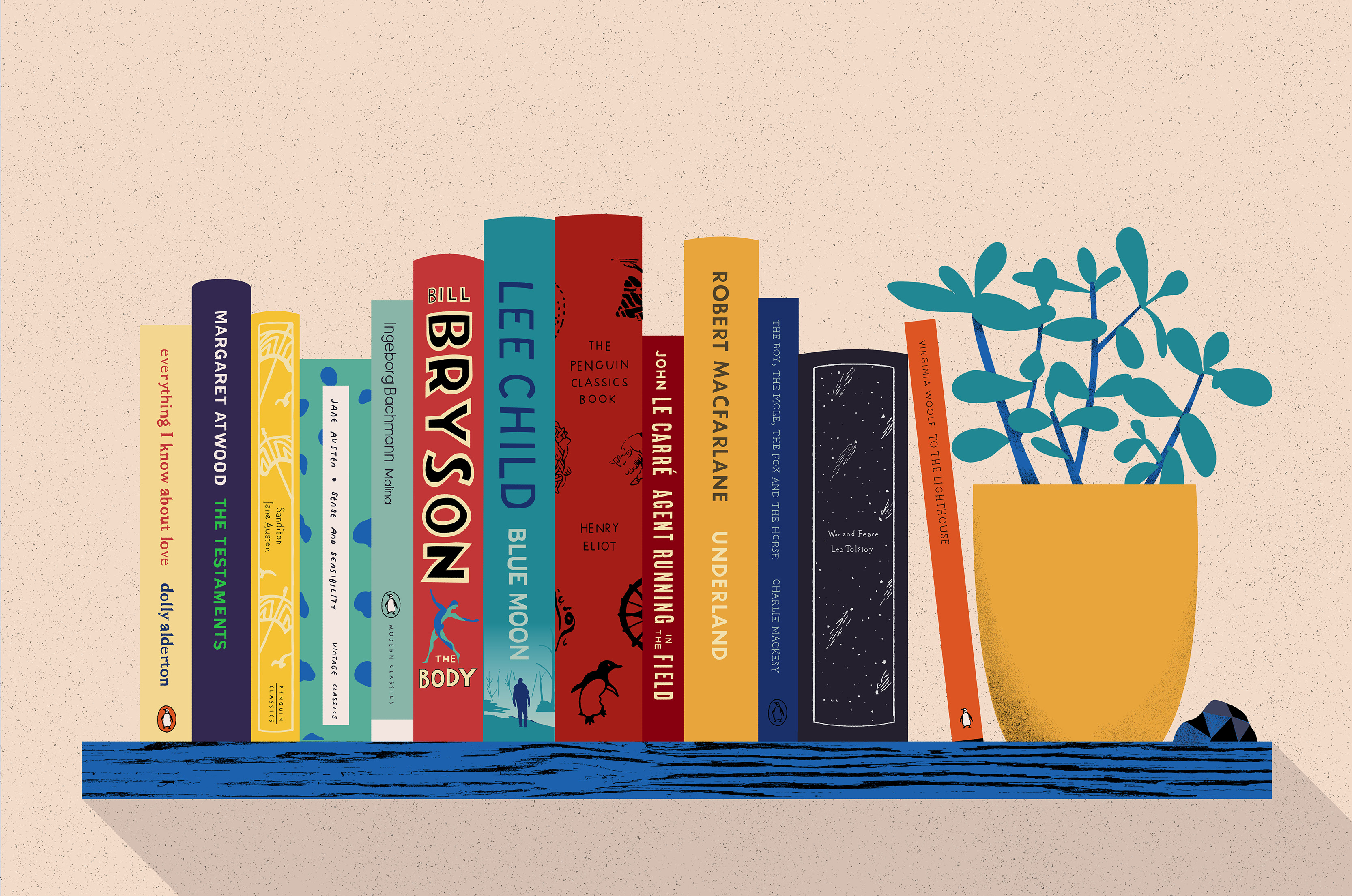 An illustration of an alphabetised bookshelf.
