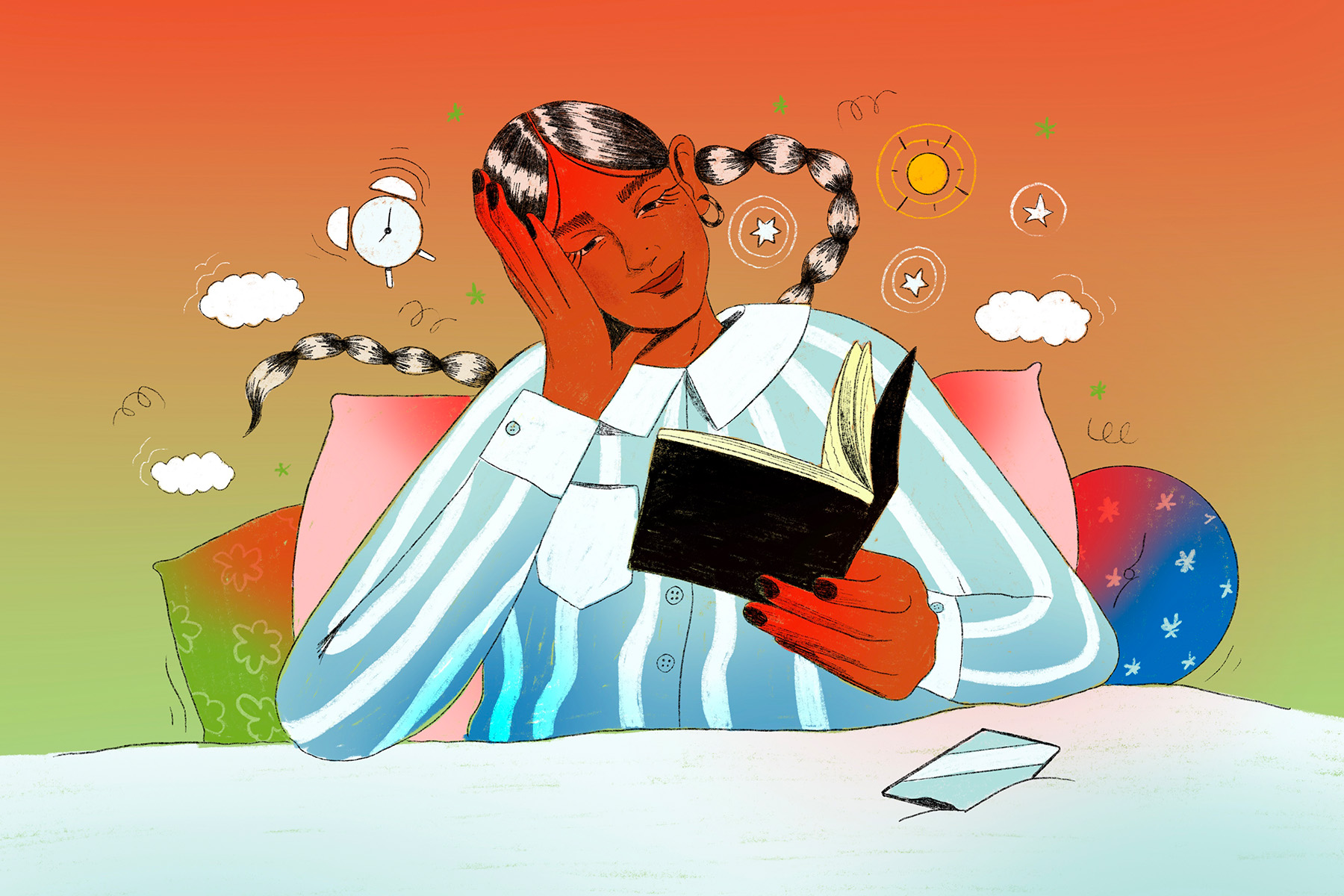 A colourful illustration of a woman reading a book in bed. 