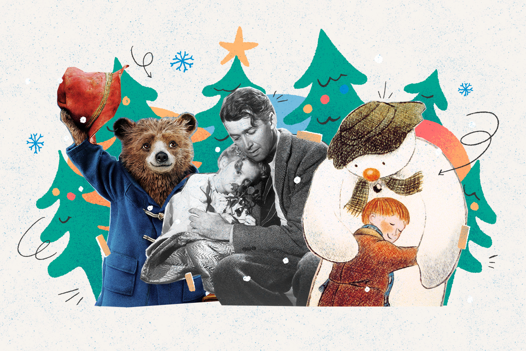 A collage of Paddington Bear raising his hat, James Stewart in It's a Wonderful Life and The Snowman seen against a background of colourful Christmas tree illustrations.