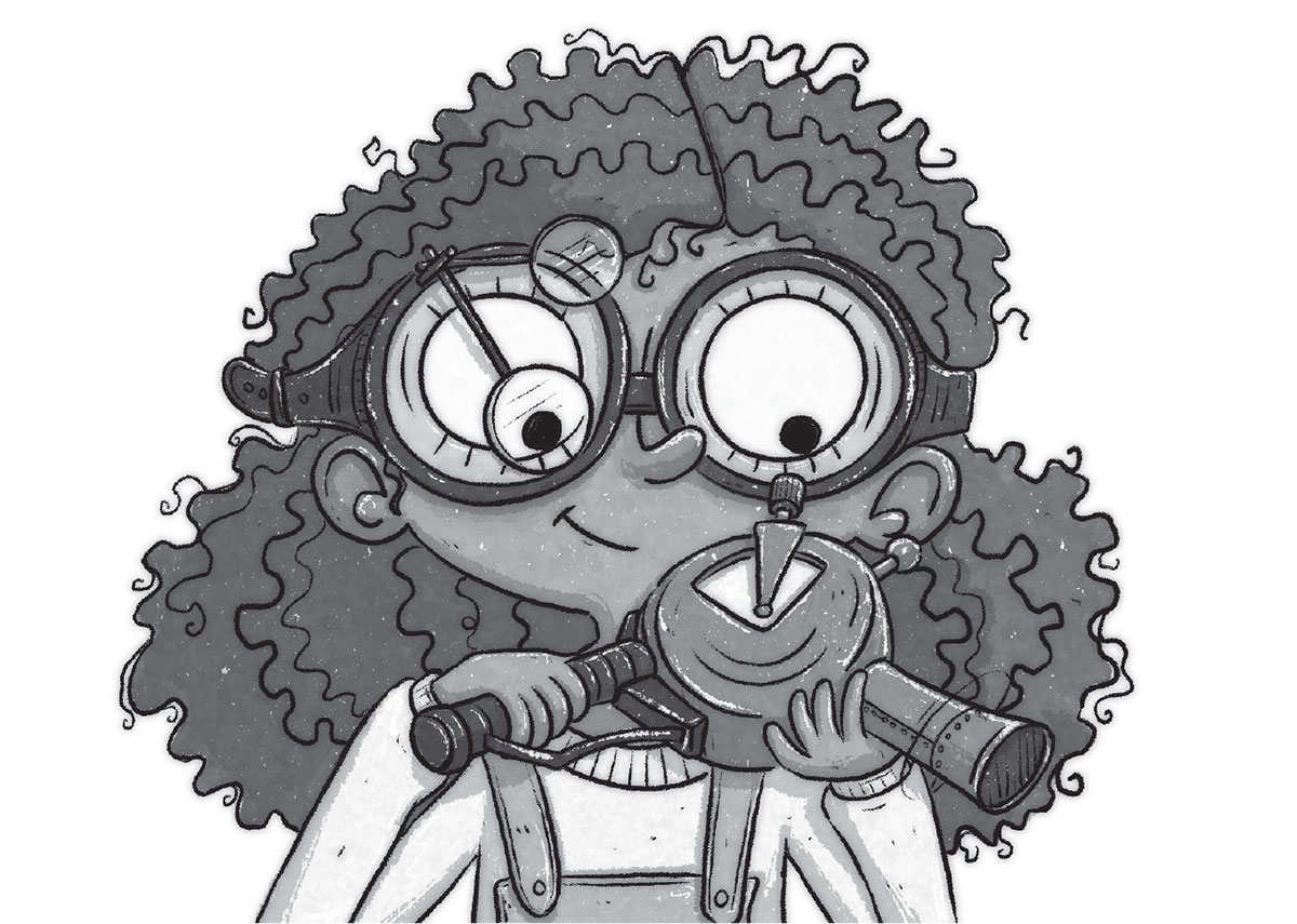 An illustration by Gladys Jose from Leonora Bolt: Secret Inventor of the main character Leonora fixing her invention, the Switcheroo. Leonora is a black character with curly hair and is wearing glasses and dungarees whilst she works
