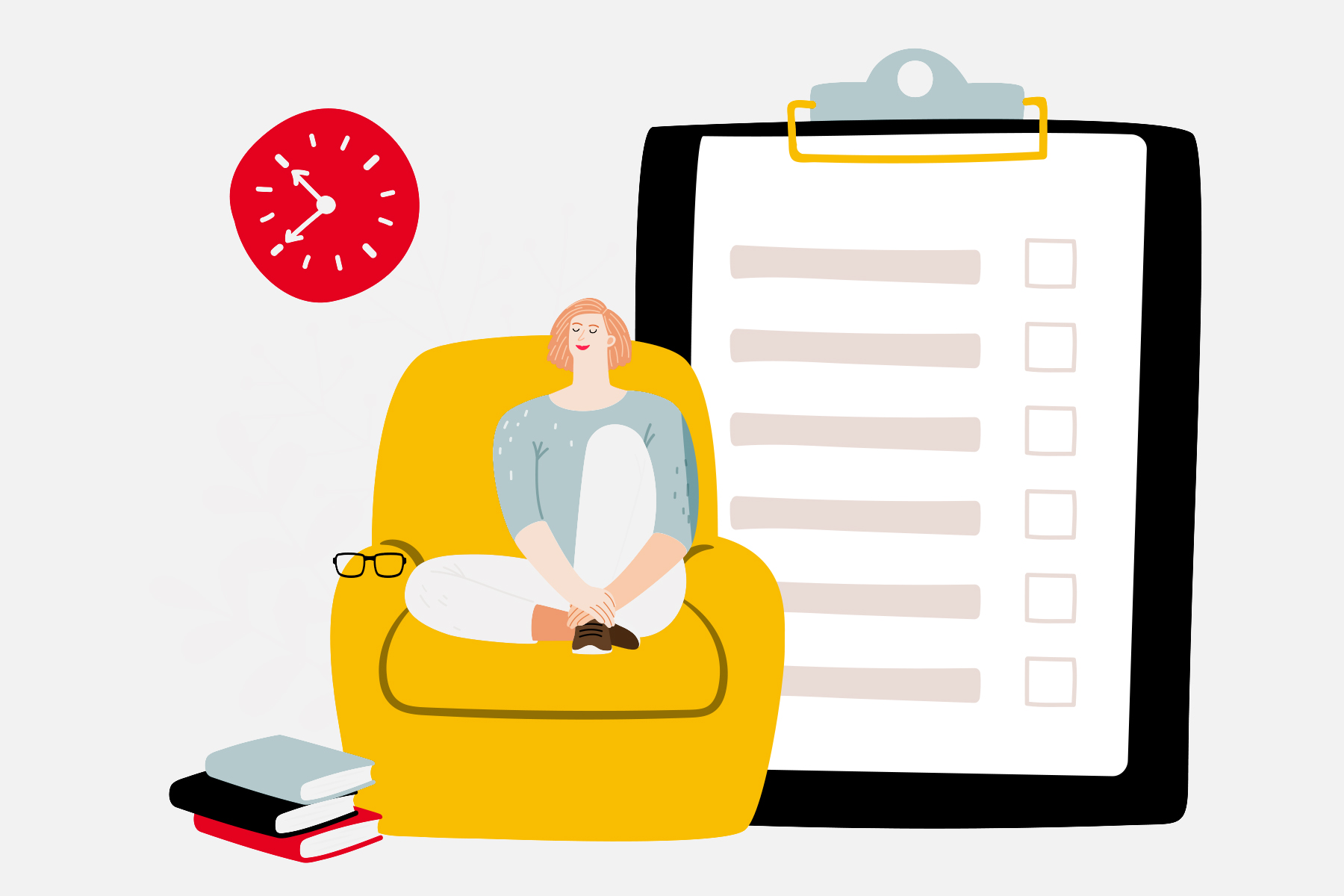 An illustration of a woman sitting on an armchair with a pile of books next to her and a notepad checklist