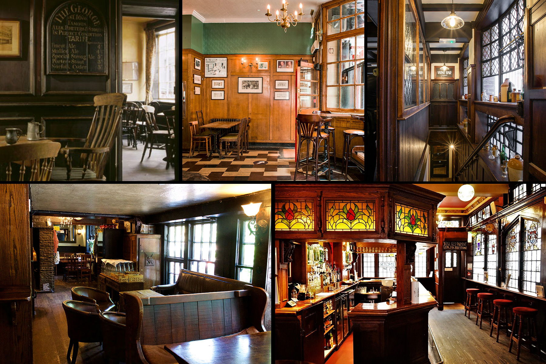 A collage of five photographs of pub interiors, taken in pubs across London