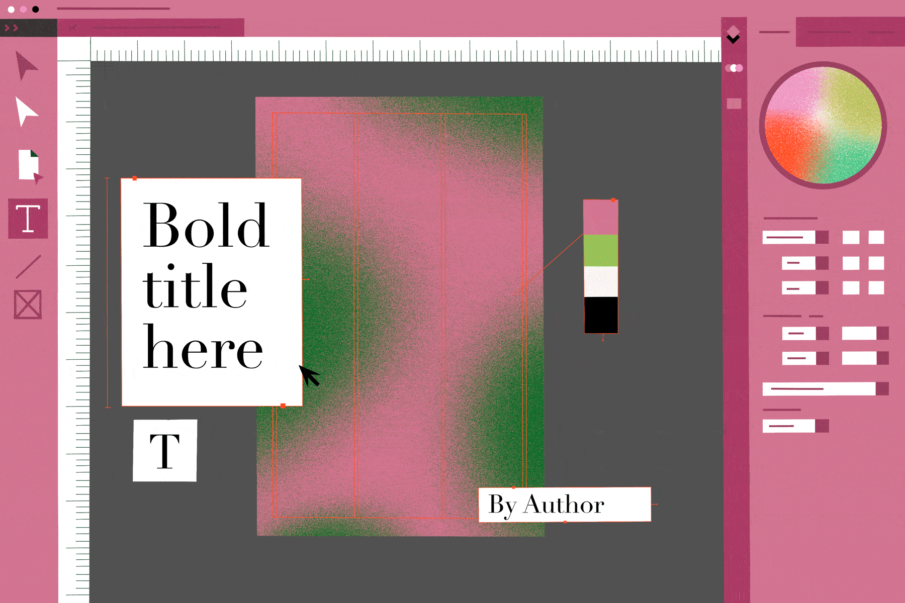 An illustration of image-editing software piecing together a cover made of pink and green shapes with bold text