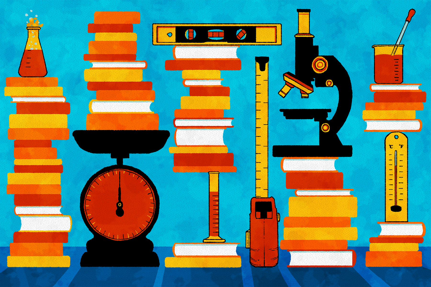 An illustration of a series of mathematical and scientific measuring tools, weighing and measuring piles of books.