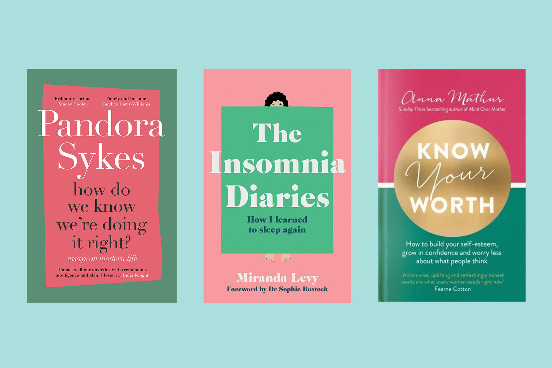 three book covers with pink and green jackets against a mint-green background