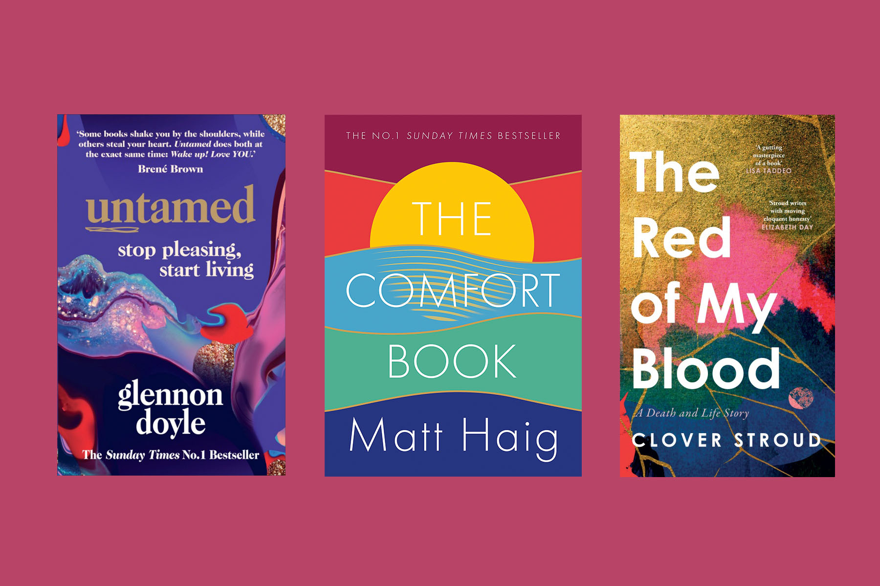 Three book covers with layered colour on against a dark red background