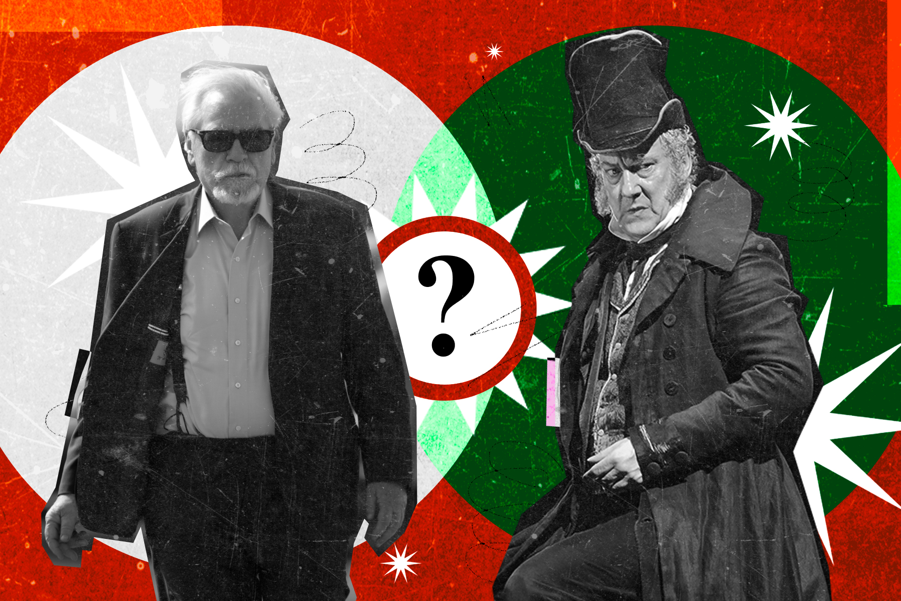 An image of Succession's Logan Roy on the left, and Ebenezer Scrooge on the right, with a question mark separating them..