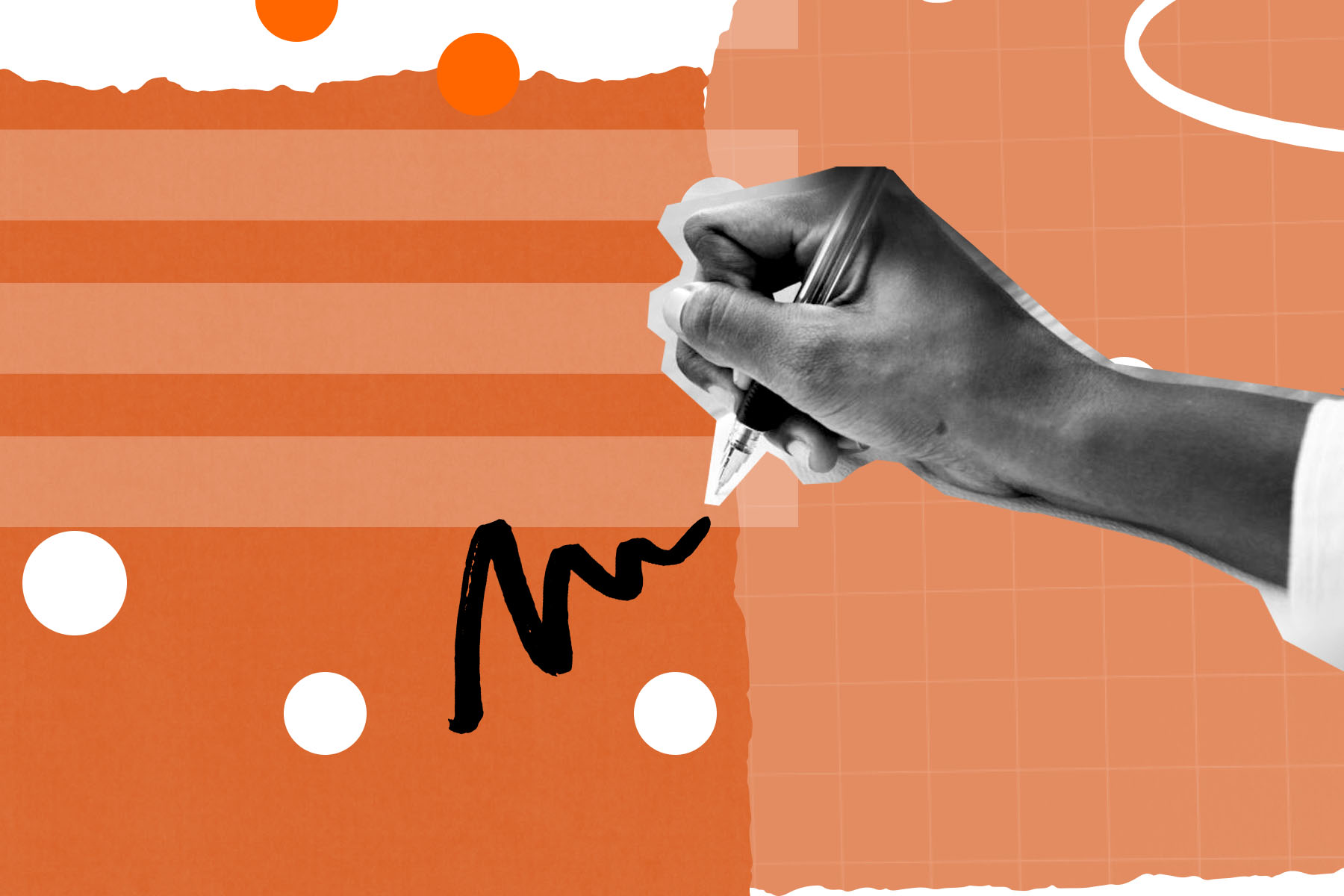 An mixed media illustration of someone holding a pen and a squiggle of ink coming out of it, surrounded by orange and white shapes