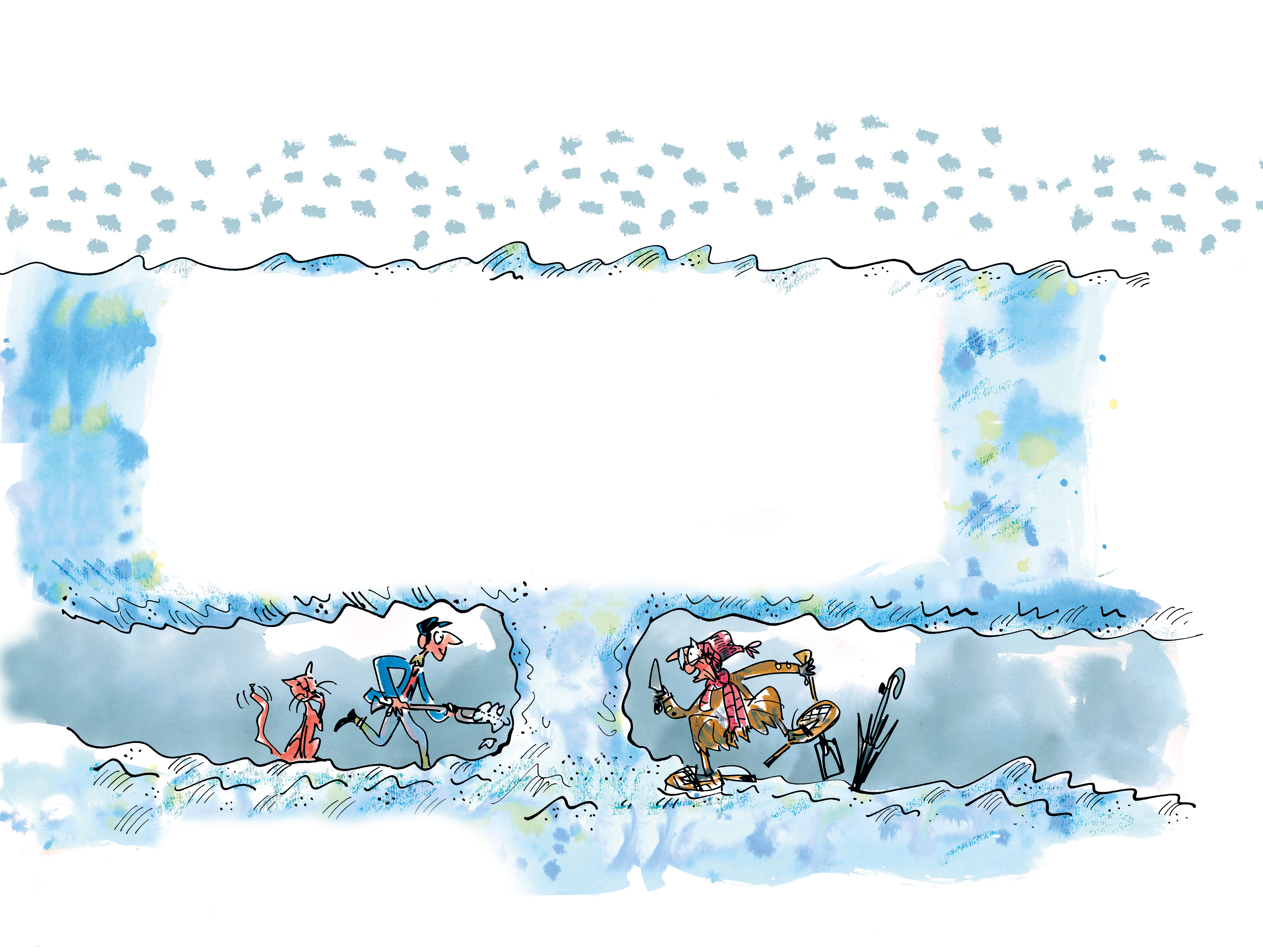 An illustration from The Abominable Snow Baby showing two of the characters trying to dig their way out of the snow