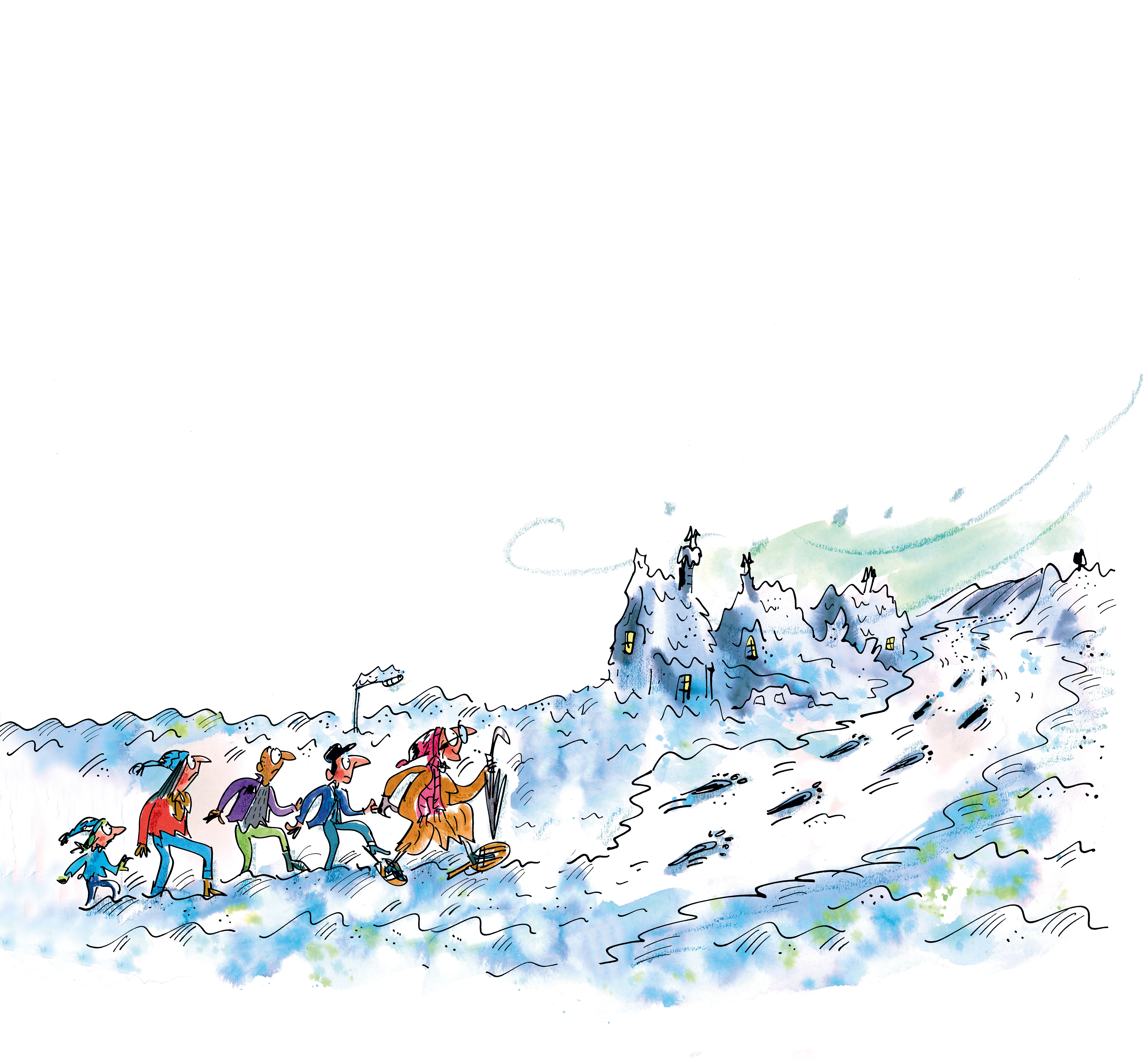 An illustration from The Abominable Snow Baby showing a group of characters hiking in the snow