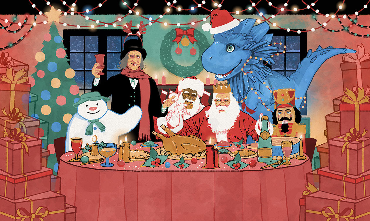 An illustration of Christmas characters around a table