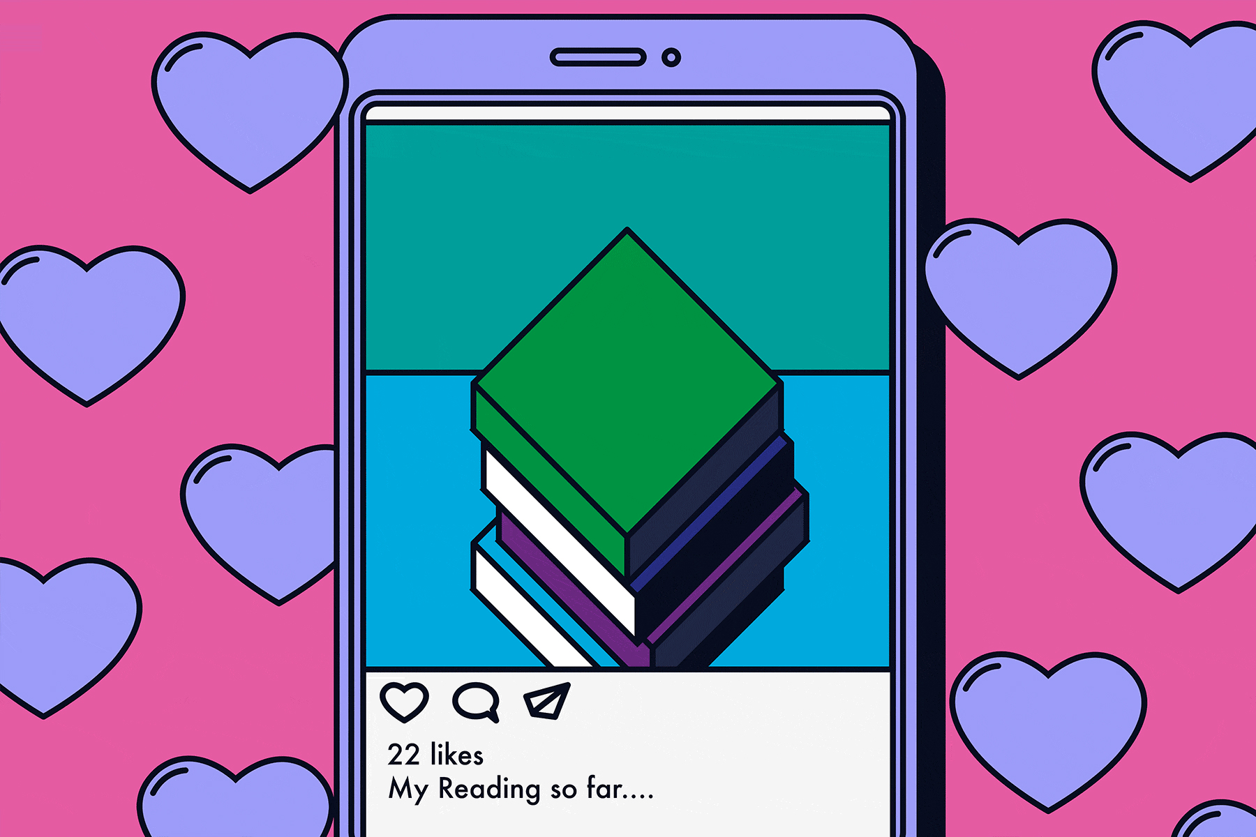 Image of a phone with books on the screen and hearts in the background