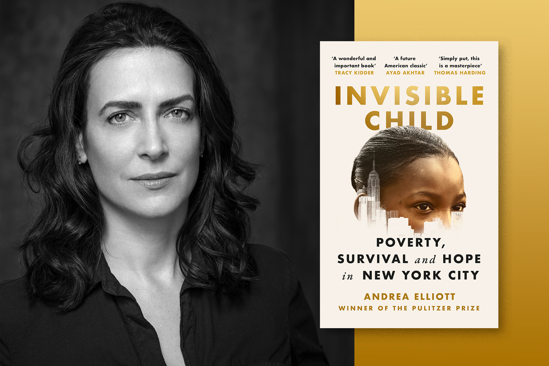 A photograph of Andrea Elliott next to the cover of her book, Invisible Child