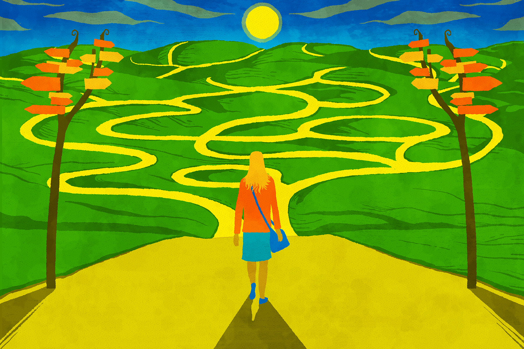 An illustration of a woman standing in front of a golden path that forks and winds everywhere across a green horizon.