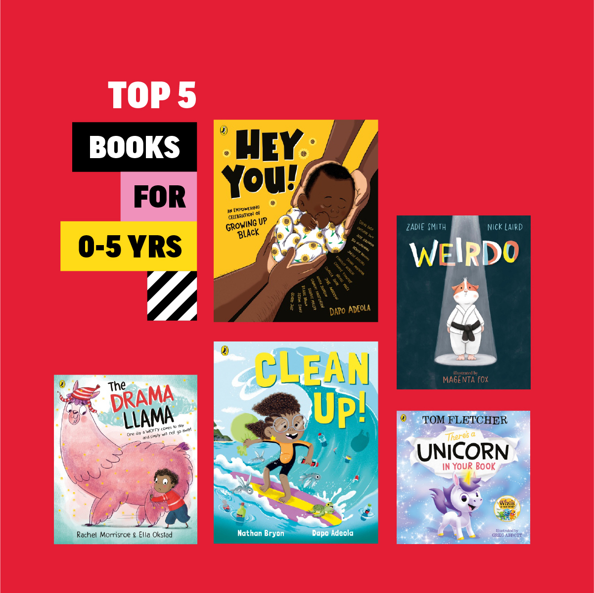 An image of five of the top books for under 5s on top of a bright red background