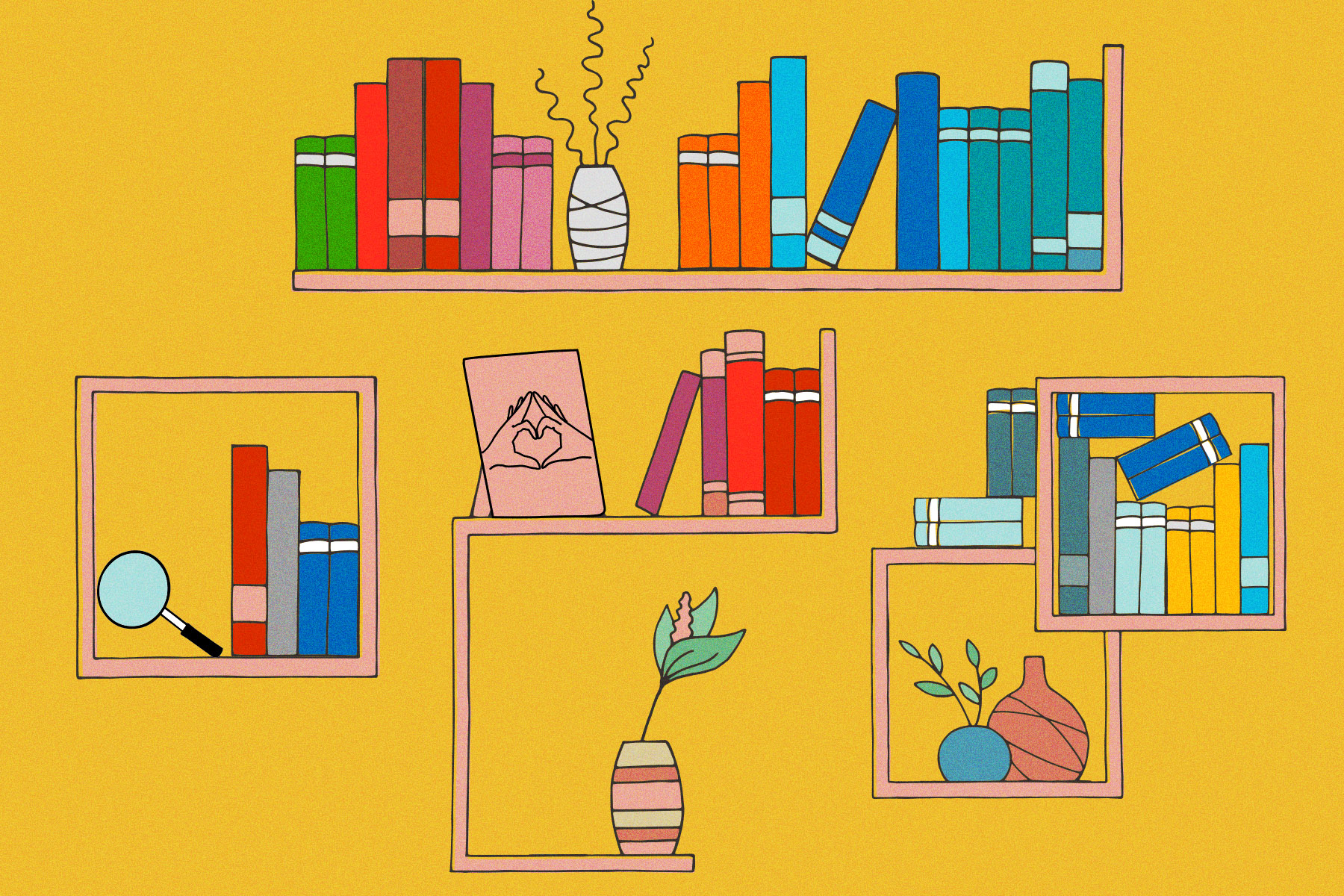 An illustration of bookshelves against a yellow background