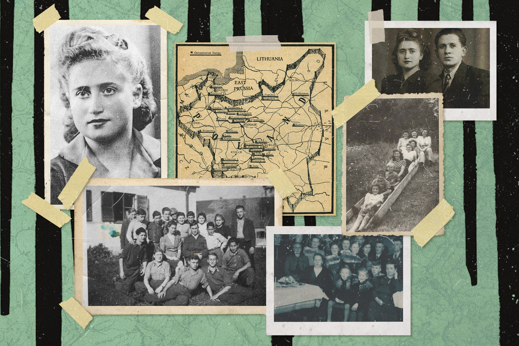 A scrapbook-style array of photos of Mala Kacenberg, author of Holocaust memoir Mala’s Cat