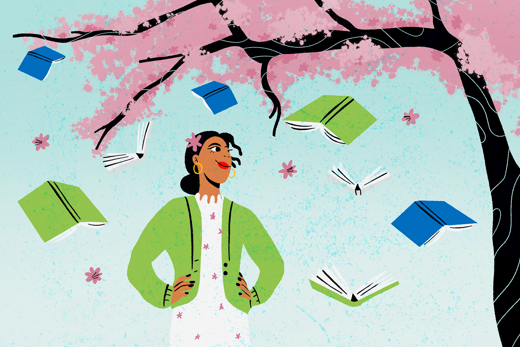An illustration of a woman against an orange background standing beneath a tree that is shedding books like leaves