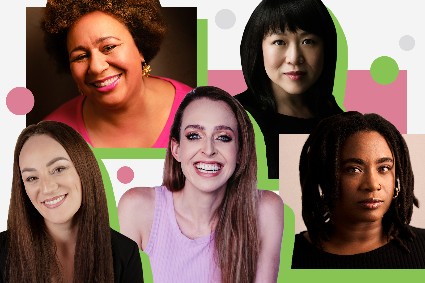 A colourful collage of author headshots seen against a pink and green pattern.
