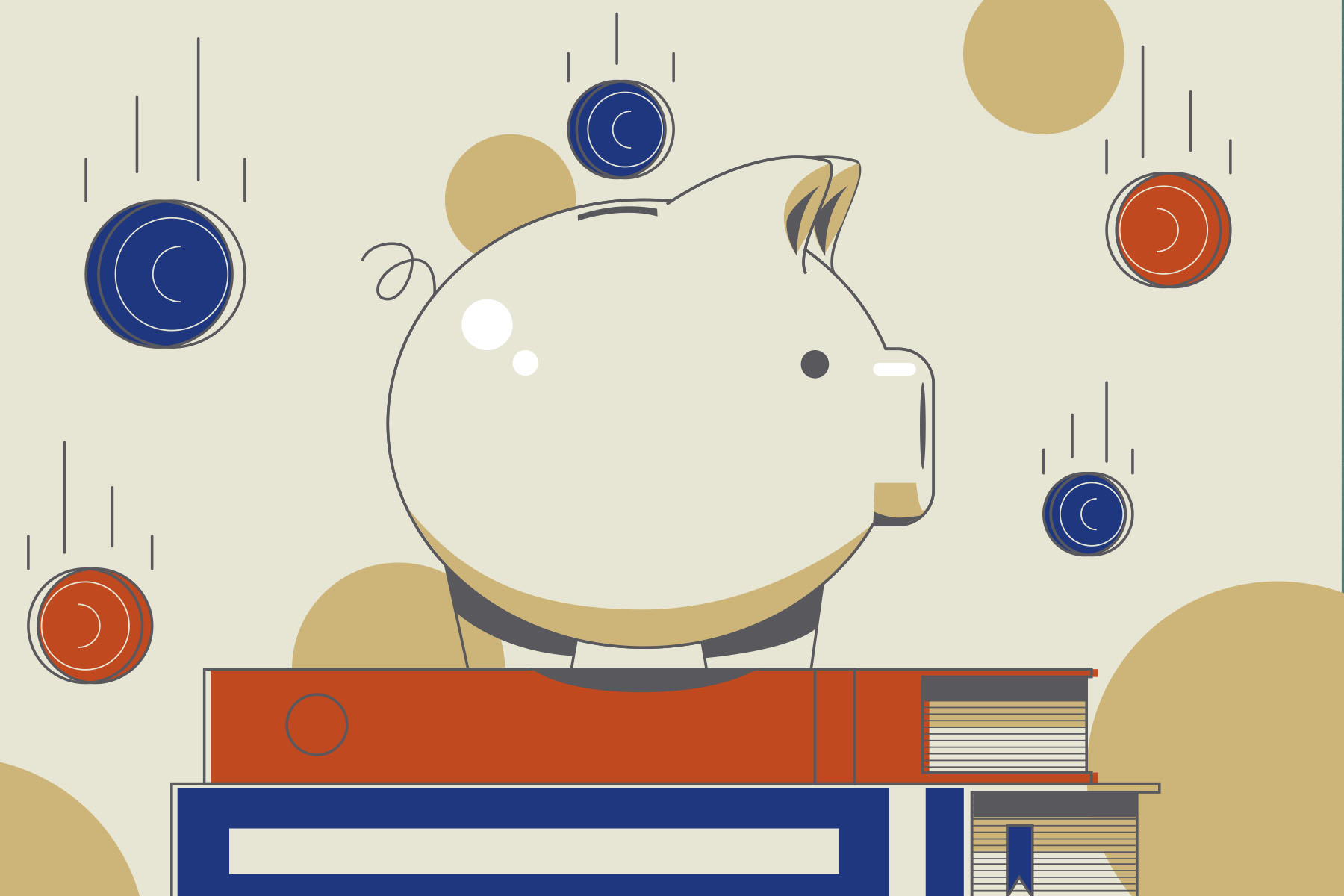 An illustration of a piggy bank on top of a small pile of books, as coins rain down around it.