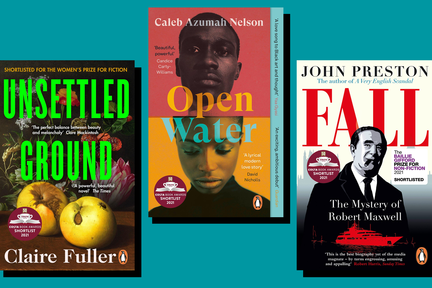 The covers of Unsettled Ground, Open Water and Fall, which have won Costa Category Prizes