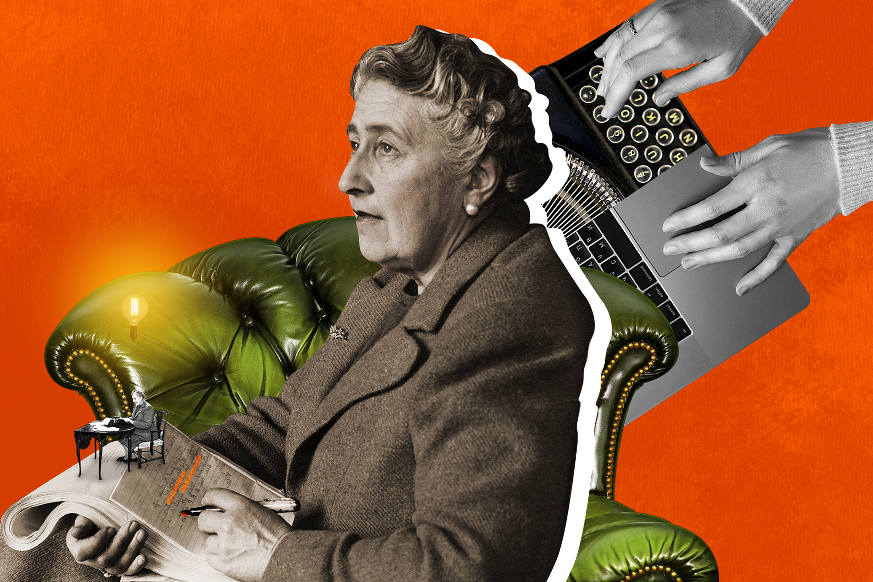 A photo of Agatha Christie at her writing desk, in a collage against a red backdrop.