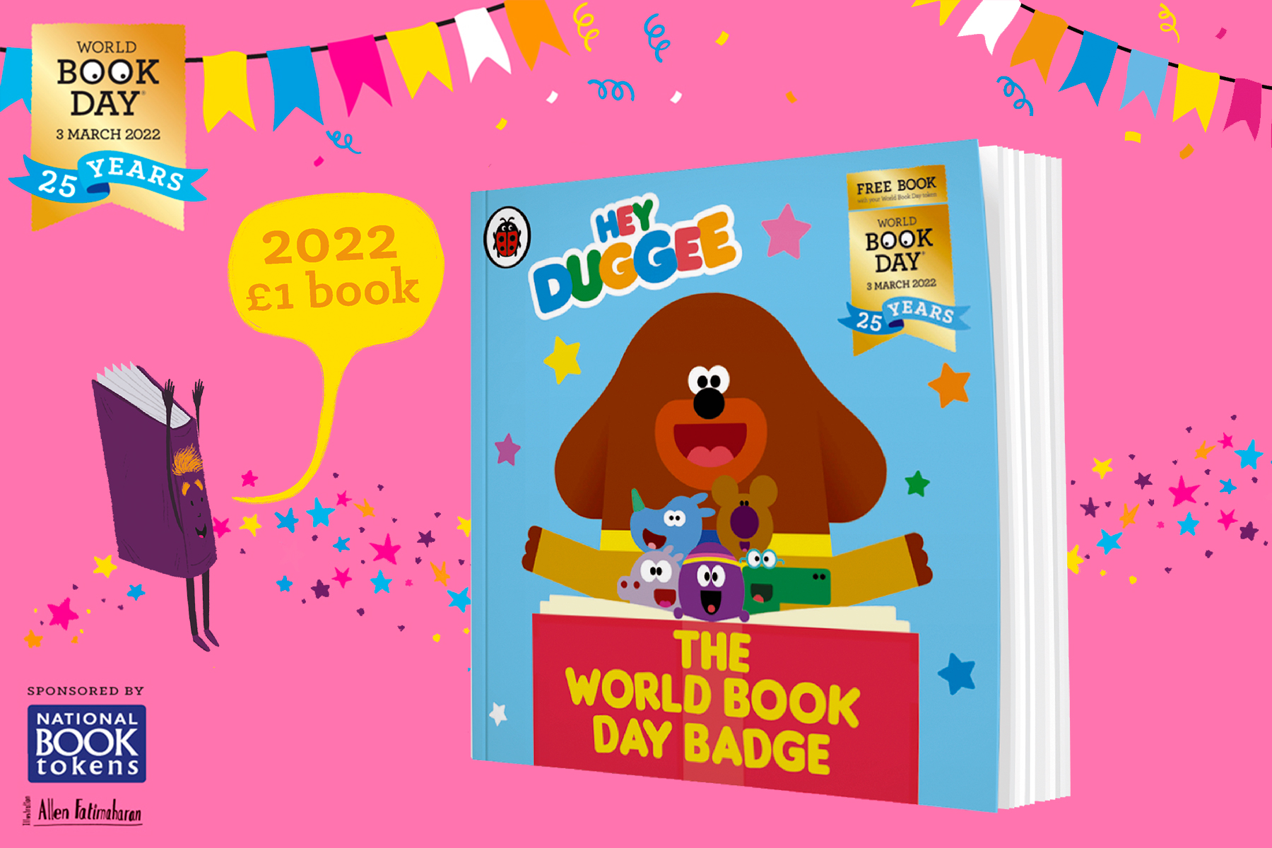 An image of the book Hey Duggee: The World Book Day Badge on a pink background with a World Book Day badge in the left hand corner