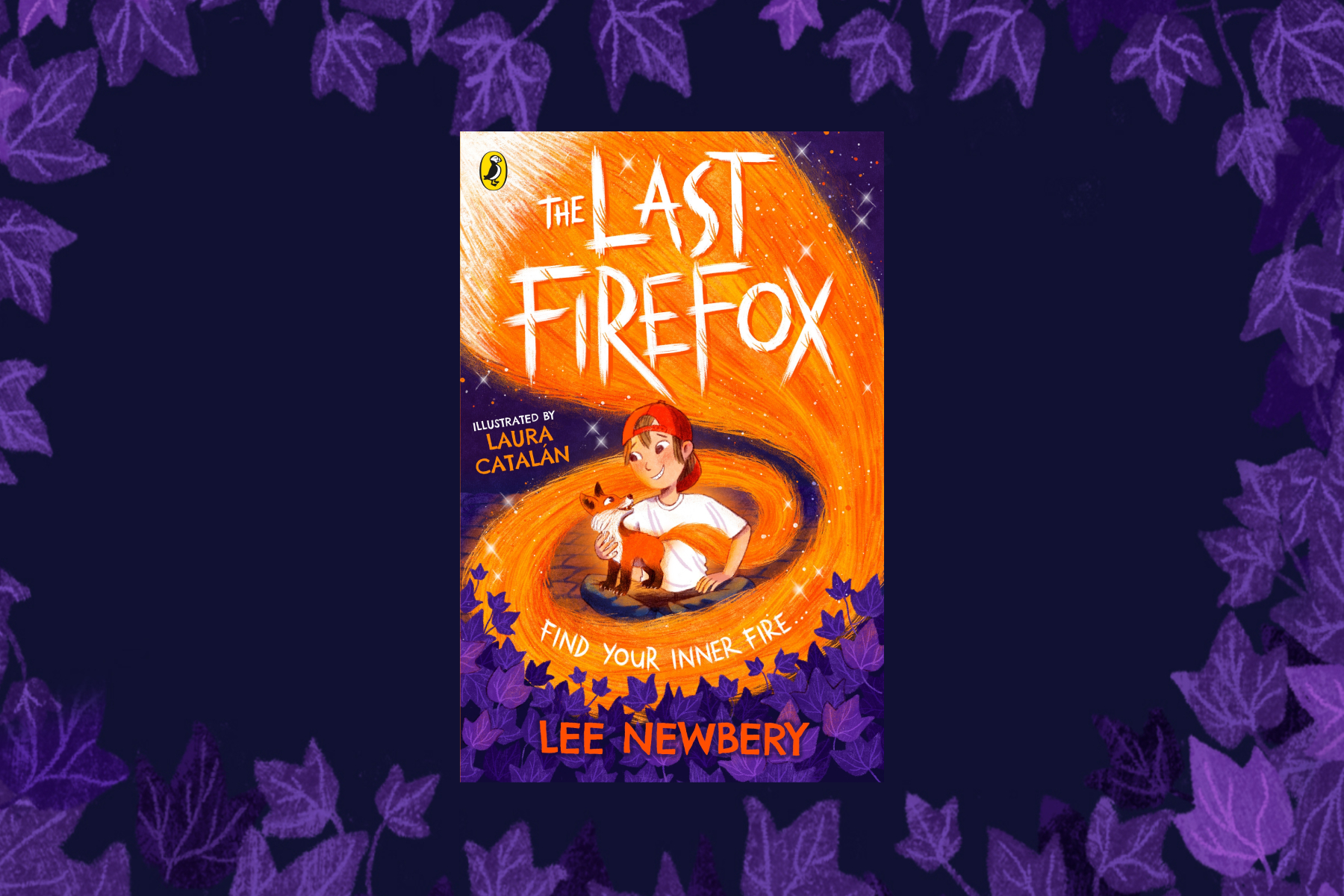 A photo of the book The Last Firefox by Lee Newbery on a dark purple background surrounded by illustrations of purple leaves