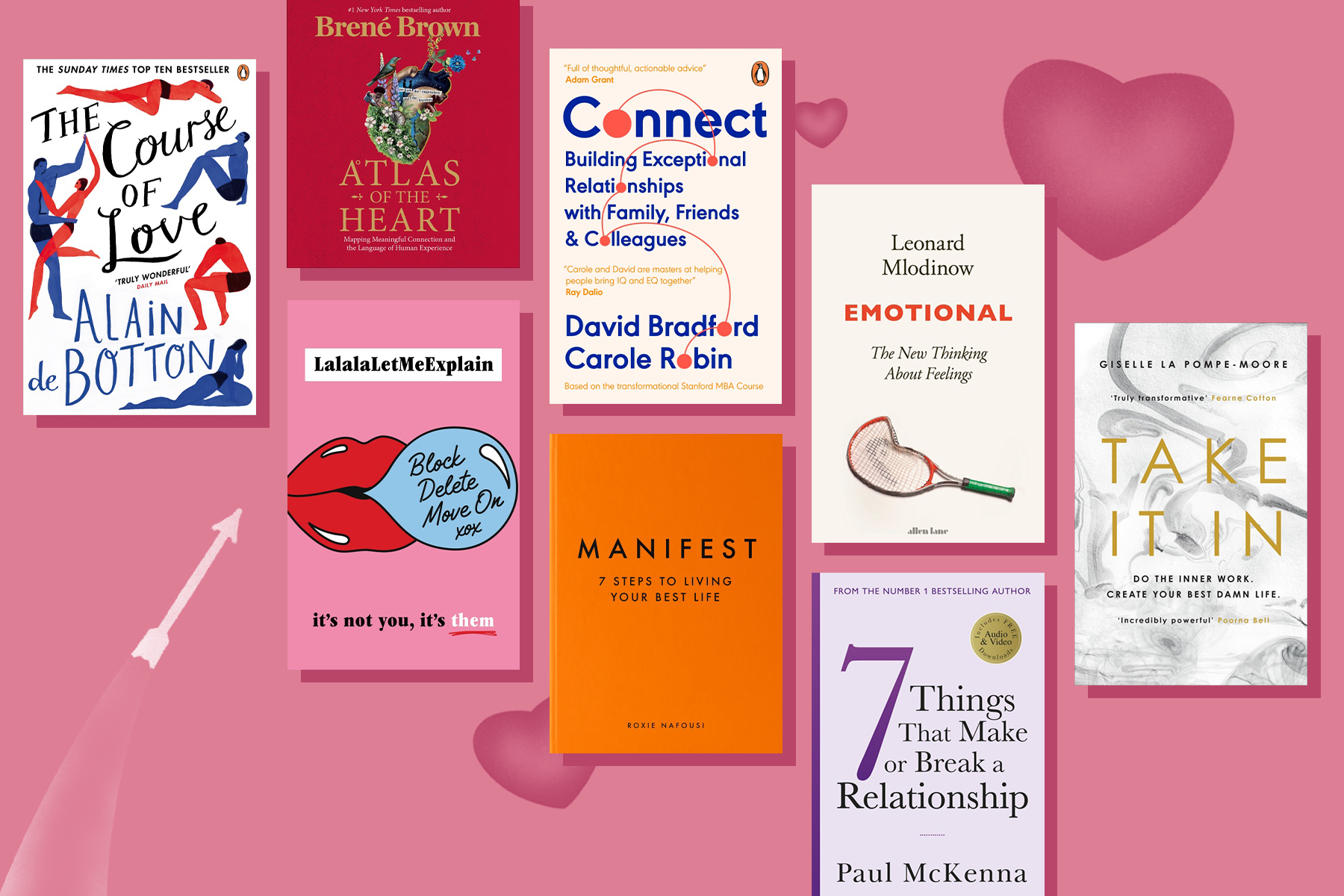 A flatlay of books about love on a pink background