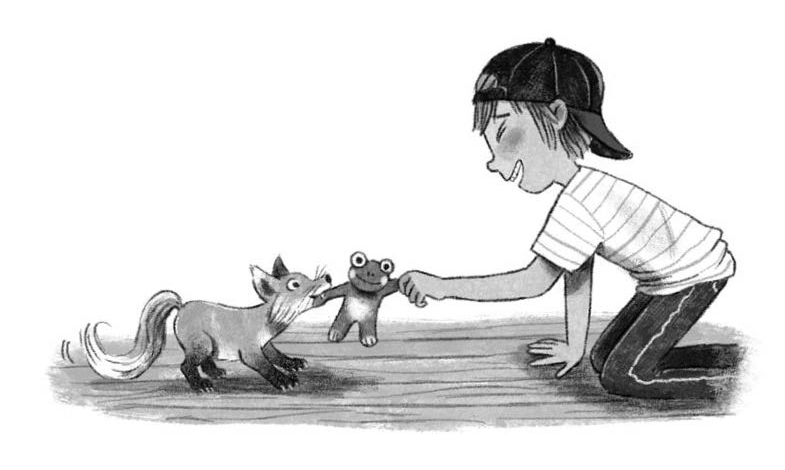 An illustration from The Last Firefox of characters Charlie and Cadno playing on the floor