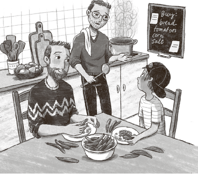 An illustration from The Last Firefox of the character Charlie and his dads talking in the kitchen