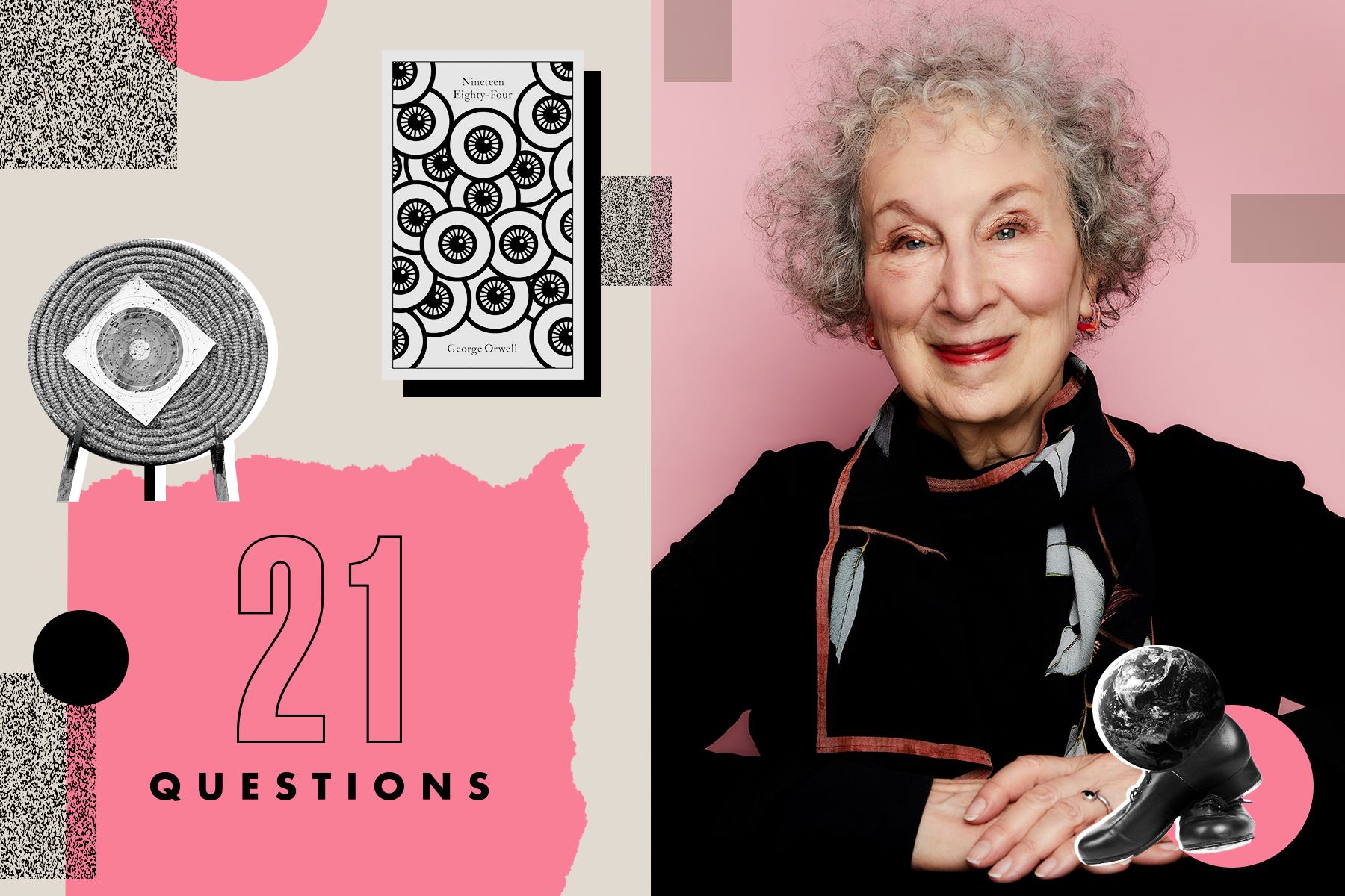 A photo of Margaret Atwood, side-by-side with the interview title, 21 Questions, on a pink and grayscale background.