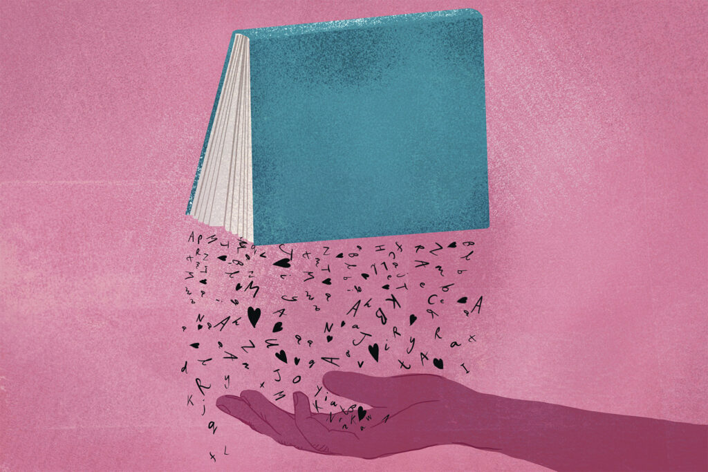 An illustration of a turquoise-coloured book, spine facing upwards, with letters and hearts falling out of its pages onto an outstretched hand, against a pink background.