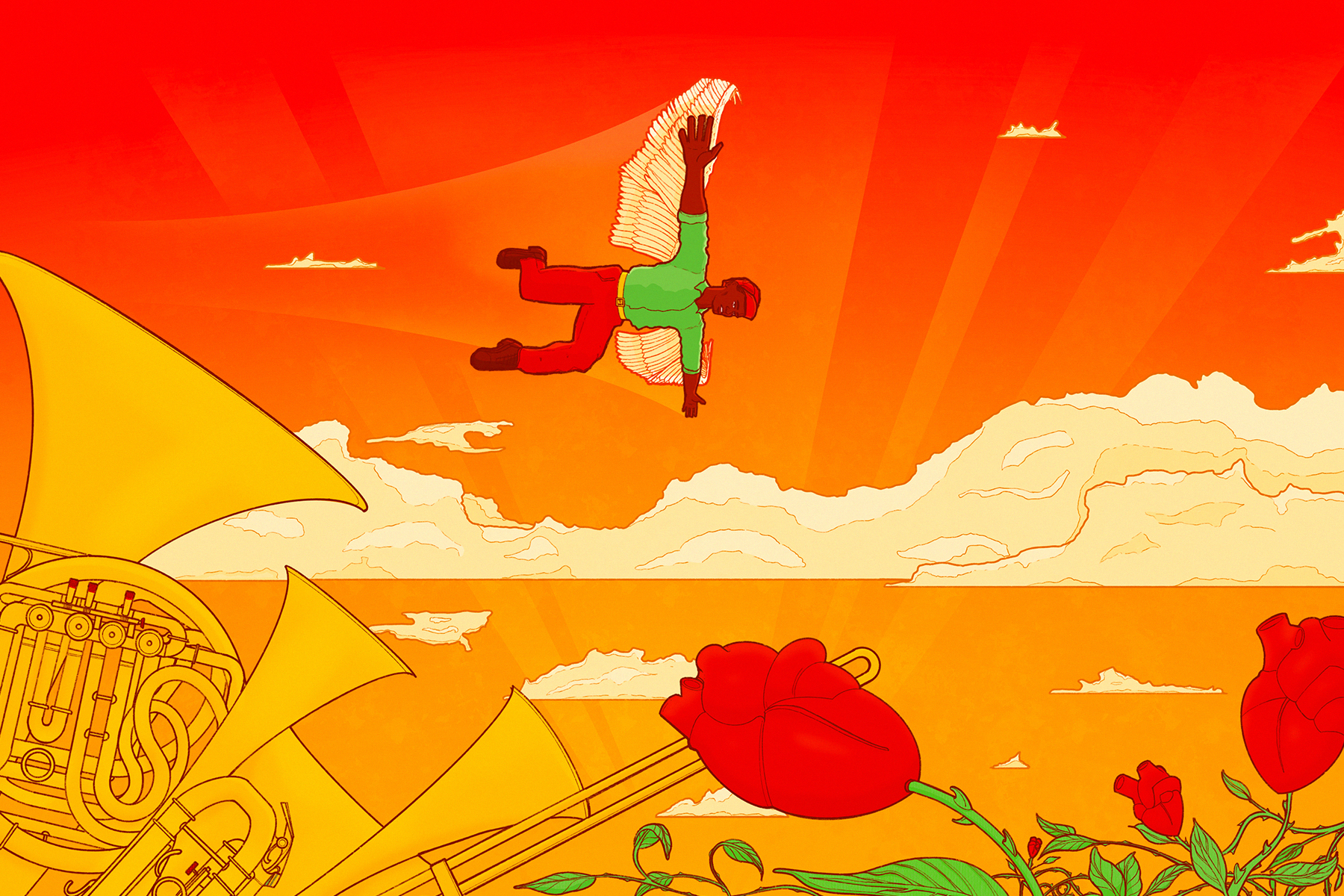 An illustration of a man flying across the sky. there are trumpets in the left-hand corner and roses in the right. He is wearing a green top and red trousers. There are clouds in the sky, which fades from red to yellow.