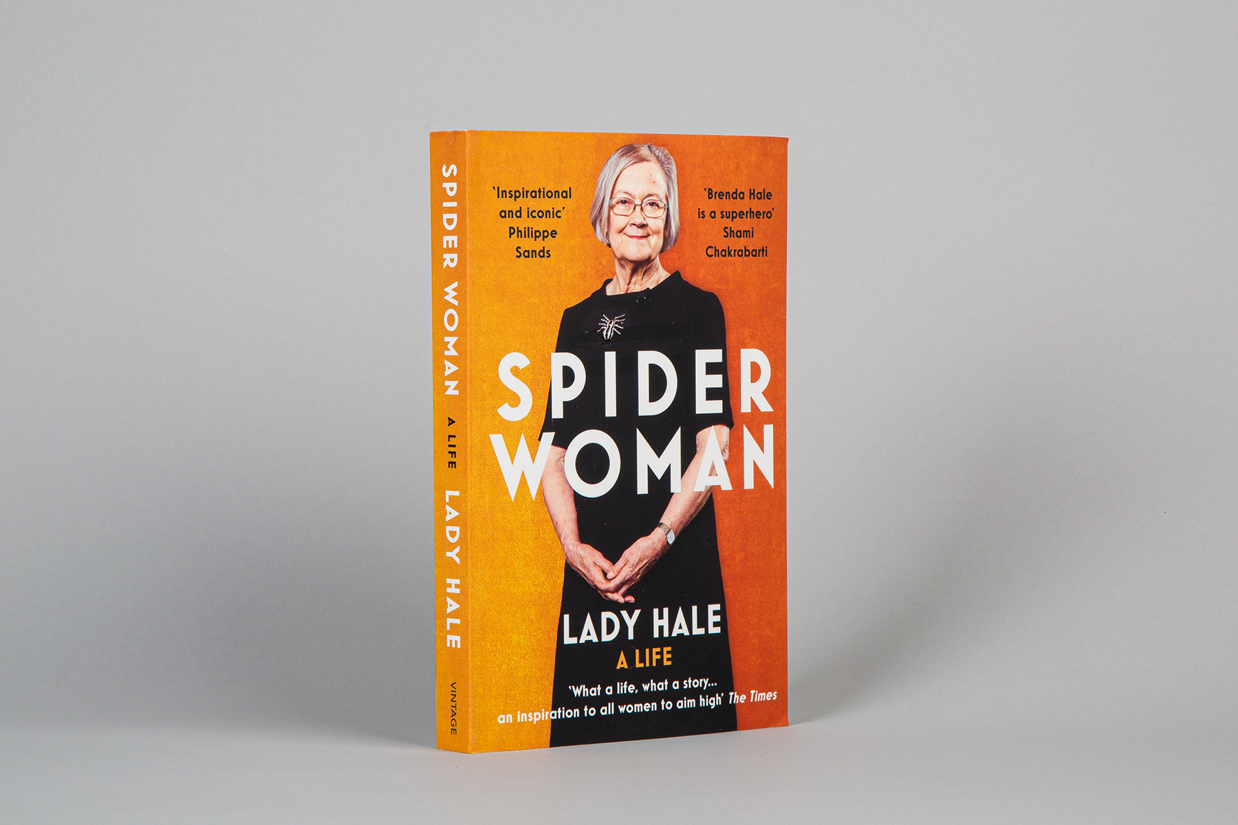 Book, Spider Woman by Lady Hale, standing upright at a slight angle against a grey backdrop.