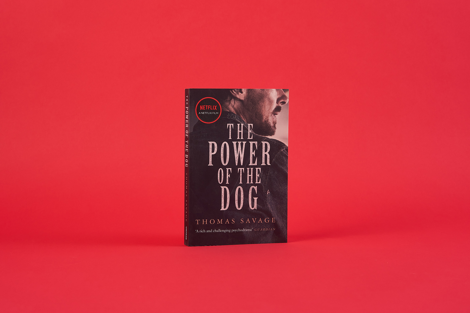 Book, The Power of the Dog, standing upright against a red background. The front cover includes a photograph of Benedict Cumberbatch.