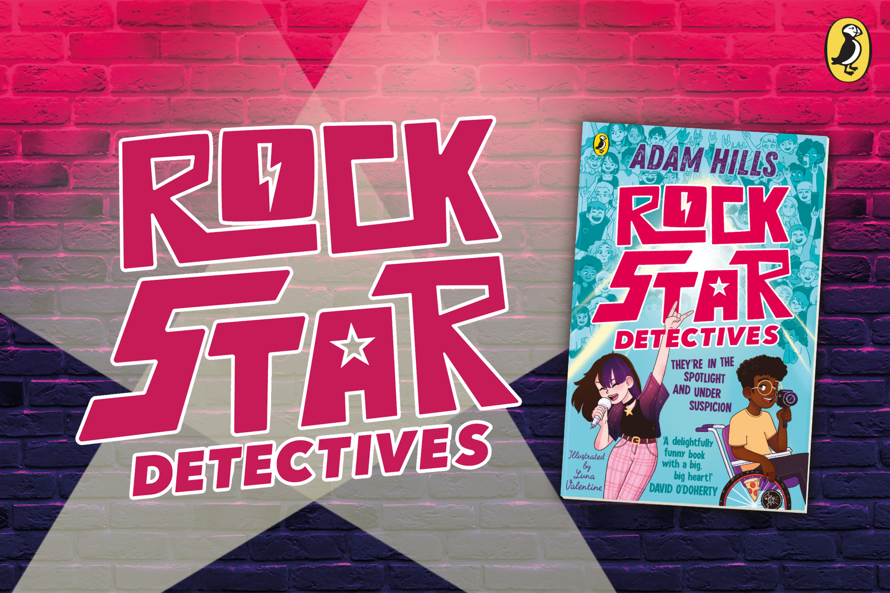 A photo of the book Rockstar Detectives on a colourful brick background next to the title Rockstar Detectives