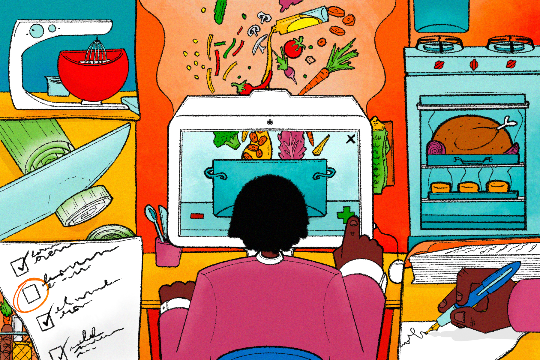 Illustration of person writing a cookbook surrounded by images of chopping, an oven, a food processor