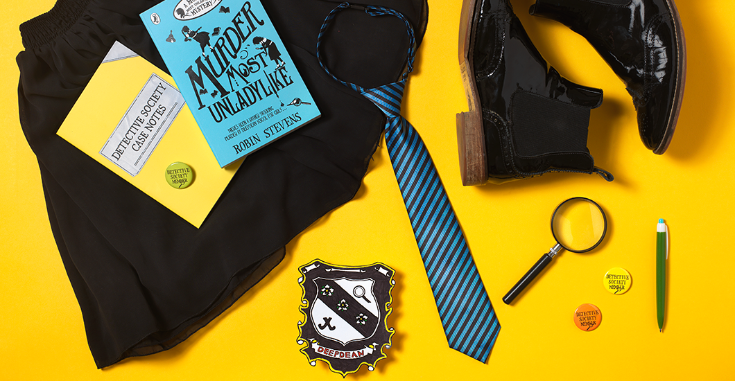 An image of a school uniform, Deepdean crest and magnifying glass on a bright yellow background
