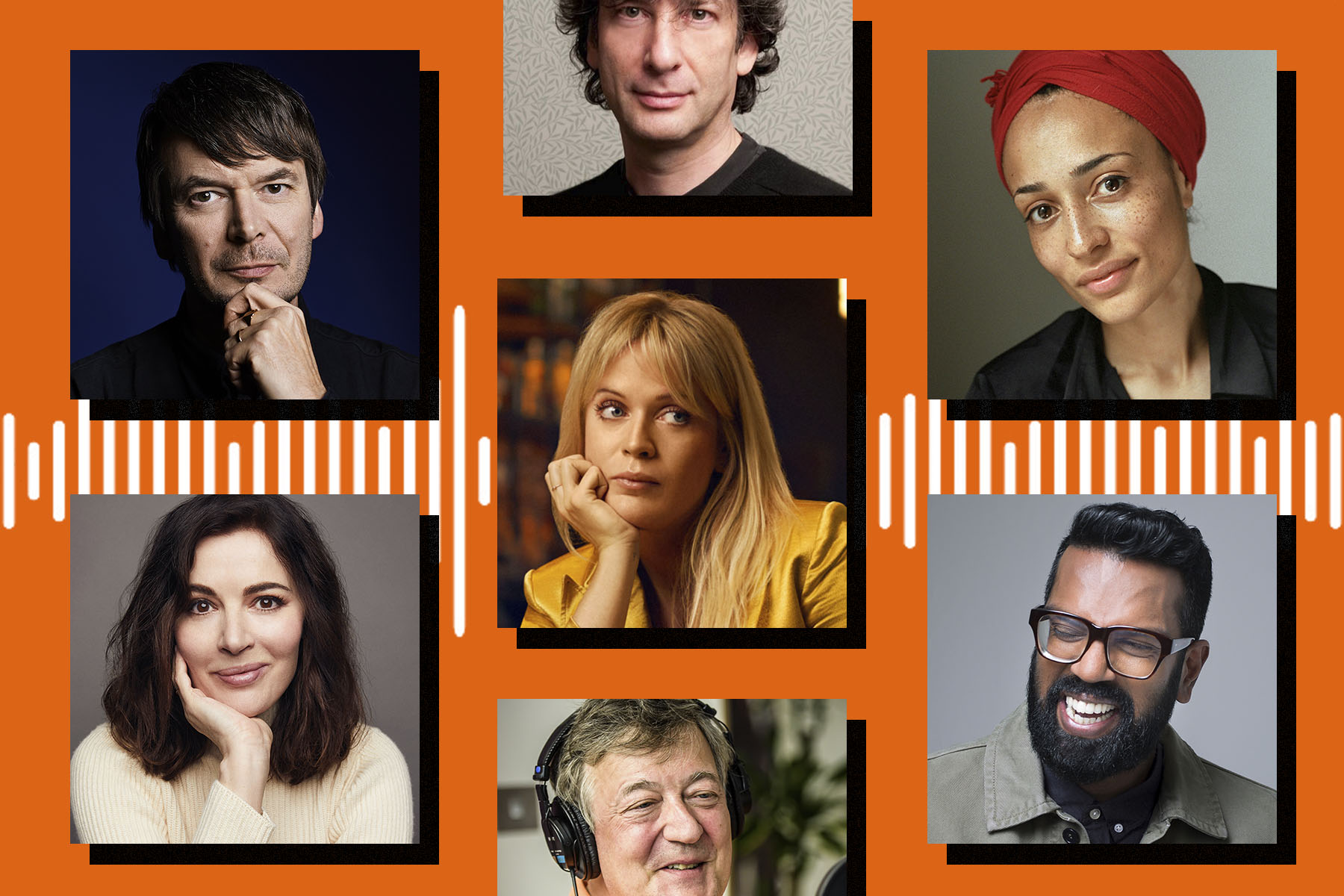 A collage of headshots of authors, including Ian Rankin, Nigella Lawson, Neil Gaiman, Dolly Alderton, Stephen Fry, Zadie Smith and Romesh Ranganathan, seen against a bright orange background.