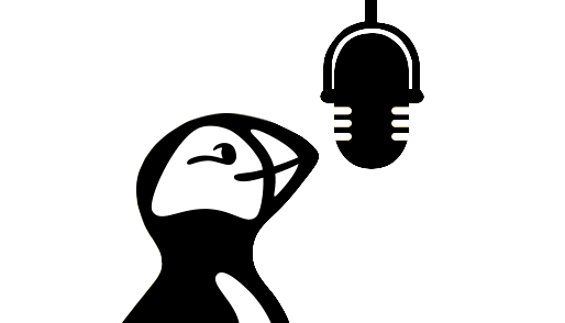 The Puffin logo with a microphone