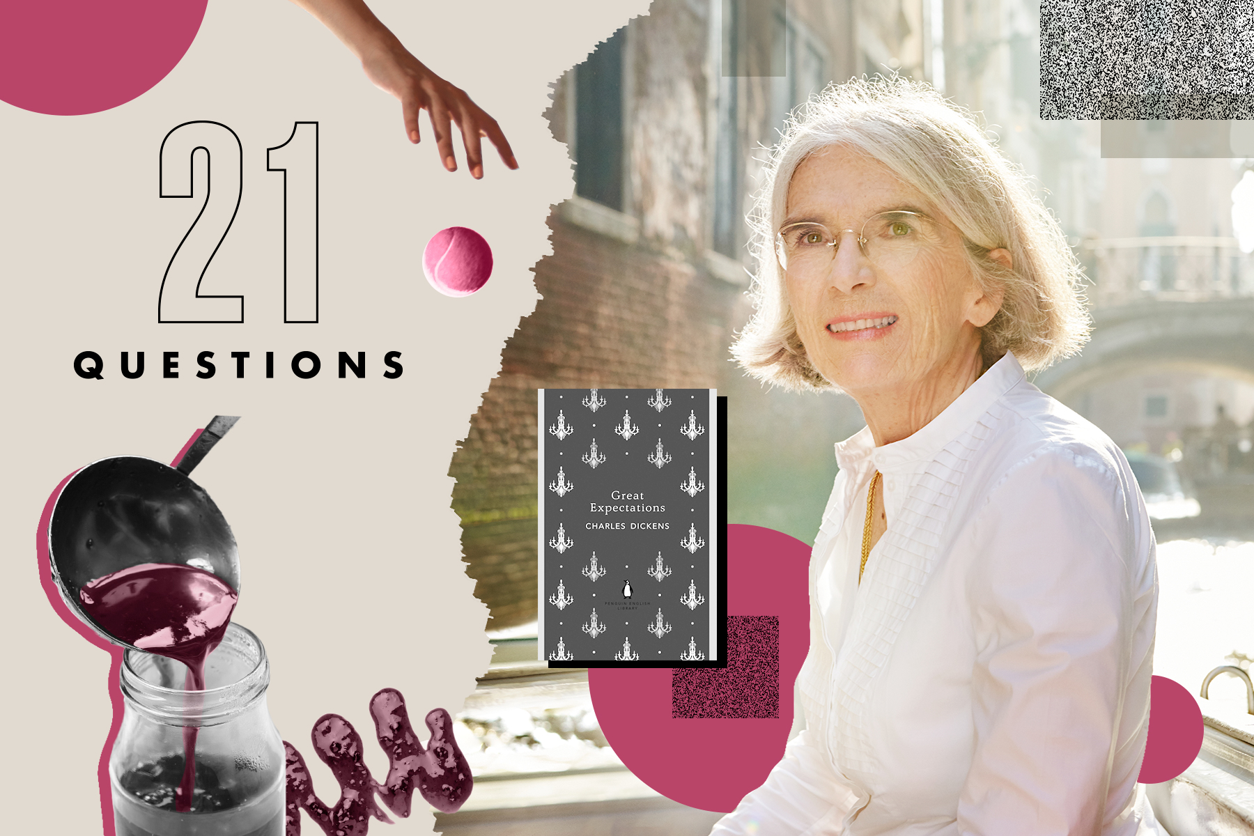 A photo of Donna Leon, author of Give Unto Others, side-by-side with the interview title, 21 Questions, on a fuchsia and grayscale background.