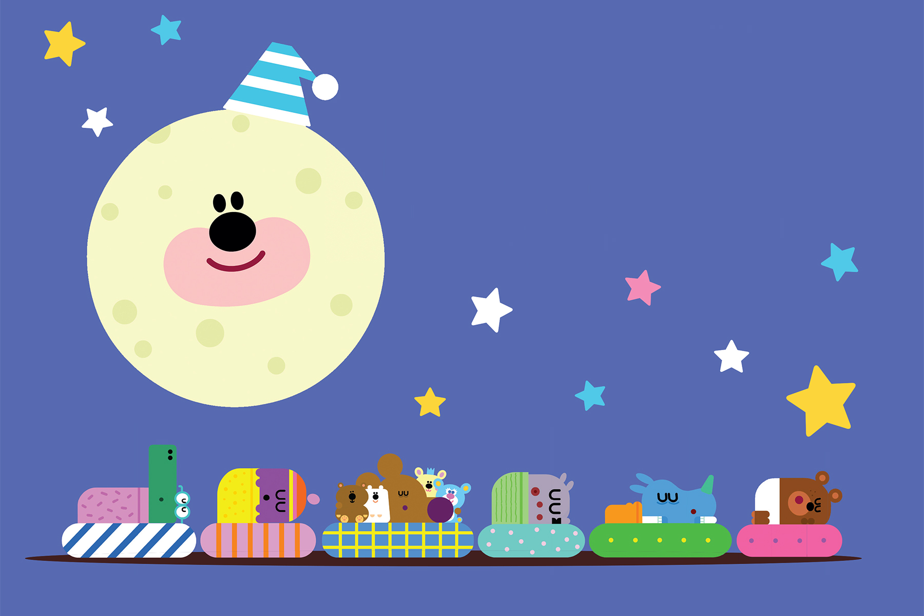 An illustration from the book Hey Duggee: The Bedtime Badge. The Squirrels are all fast asleep in their beds against a blue backdrop with colourful stars, and there is a moon in the top left hand corner that has Duggee's face