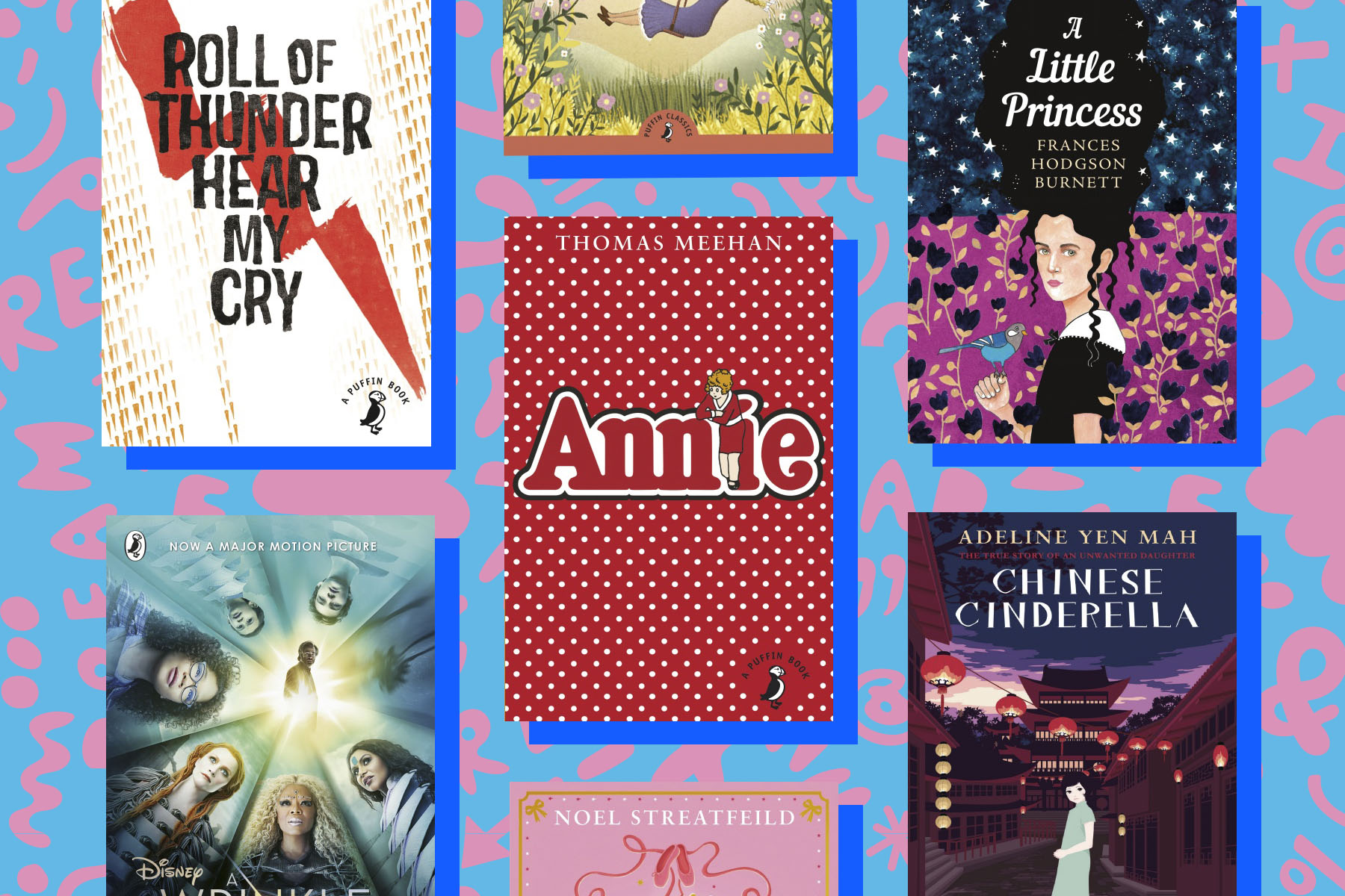 An image of classic books featuring girl heroes on top of a blue background with pink doodles