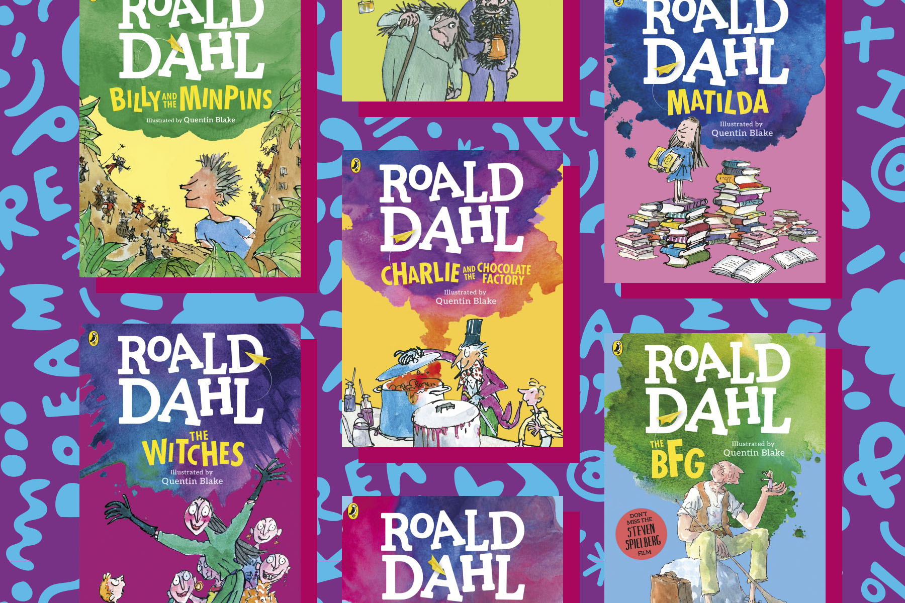 A picture of several of Roald Dahl's books on a purple background with light blue shapes and letters