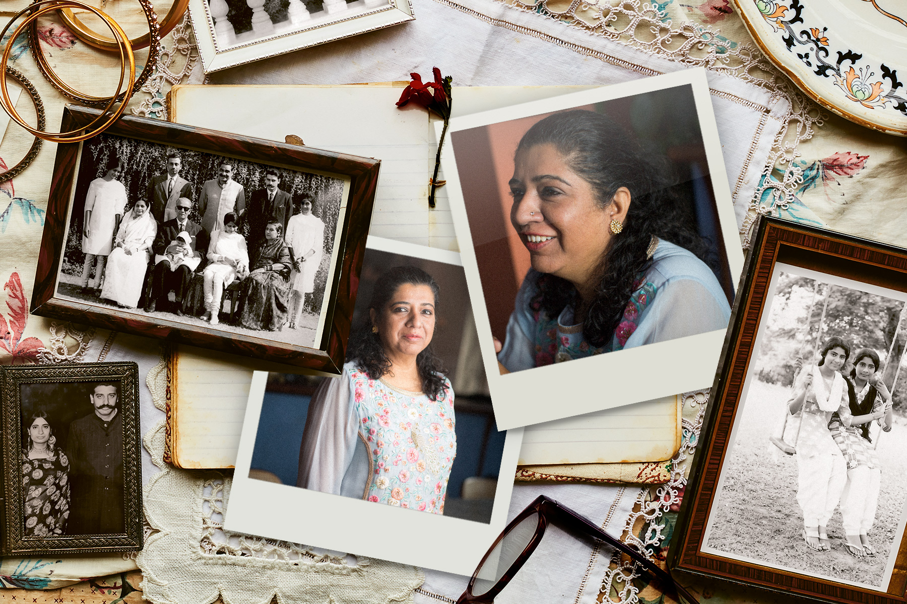 Photographs of Asma Khan on a background of family affects on a table